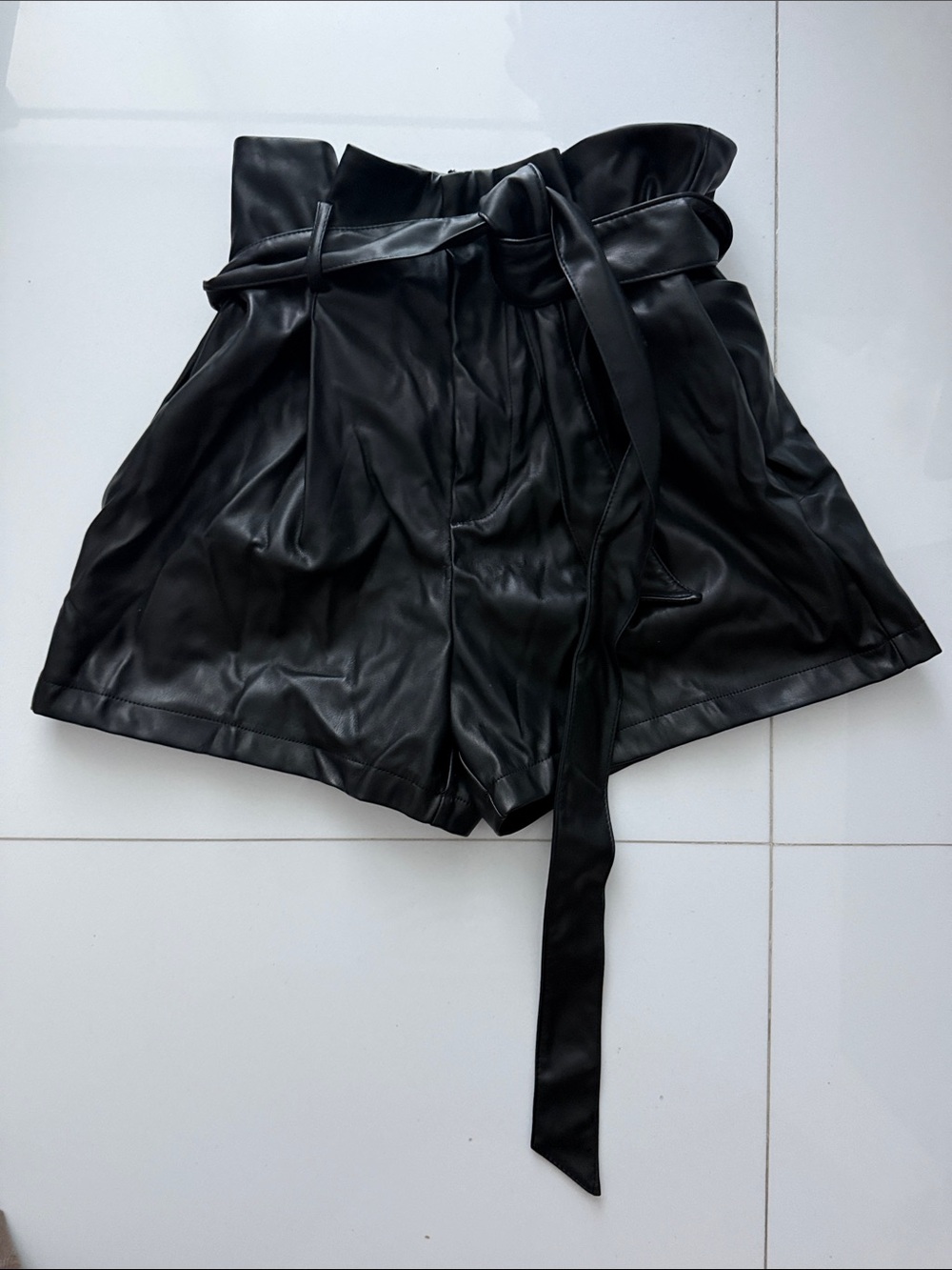 High-Waist Black Faux Leather Paperbag Shorts with Tie Belt